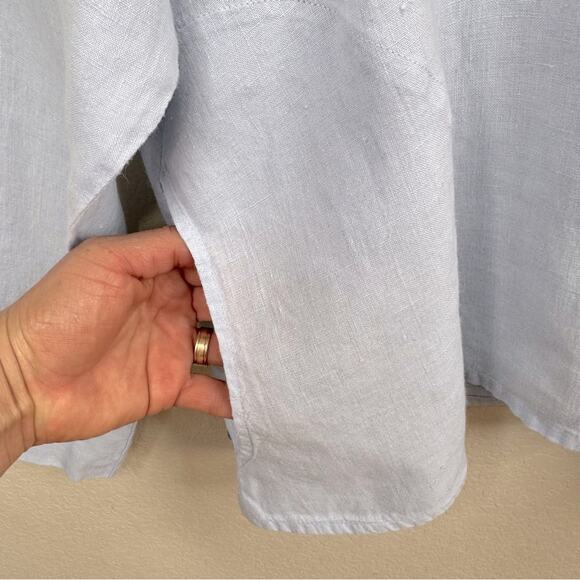 FLAX 100% Linen Light Blue Over Size Button Crew Neck Long Sleeve Pockets Sz L - Picture 8 of 14